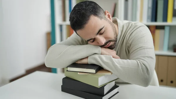 Young Hispanic Man Student Sleeping Head Books Library University — Foto Stock