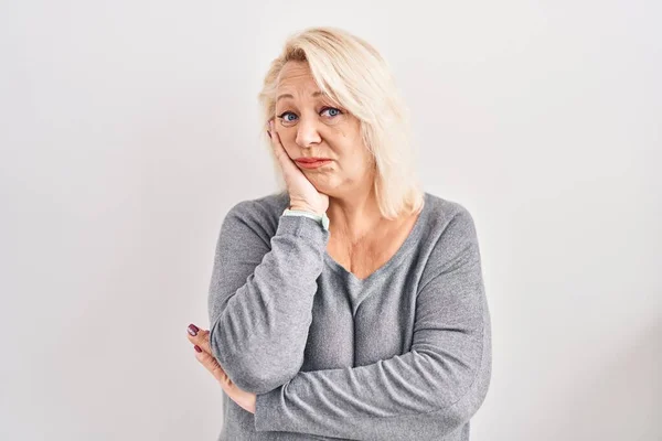 Middle Age Caucasian Woman Standing White Background Thinking Looking Tired — Stock Photo, Image