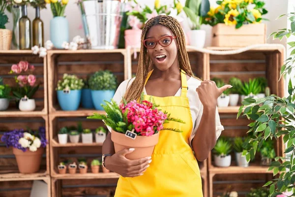 Mujer Afroamericana Con Cabello Trenzado Trabajando Floristería Sosteniendo Planta Apuntando — Foto de Stock