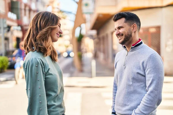 Man Woman Smiling Confident Standing Together Street — Foto Stock