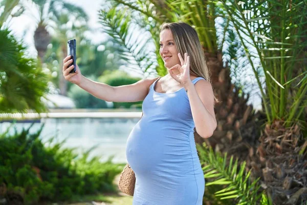 若いです妊娠中の女性は指でOkサインを行うスマートフォンでビデオ通話を行います 笑顔優しいジェスチャー優れたシンボル — ストック写真