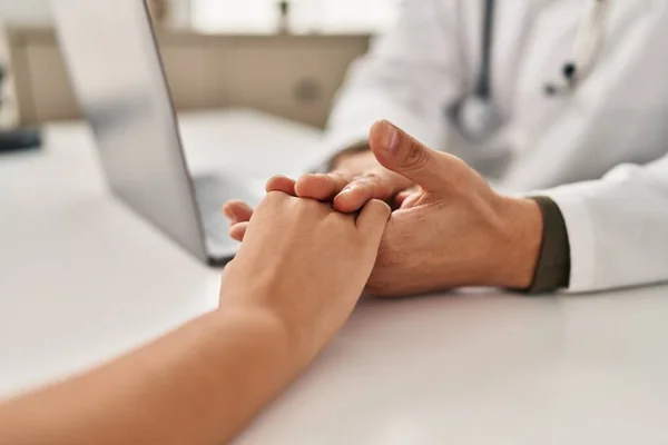Man Woman Doctor Patient Having Medical Consultation Hands Together Clinic — Stockfoto