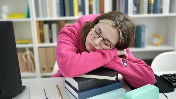 Young Blonde Woman Student Sleeping Head Books Library University — Stockfoto