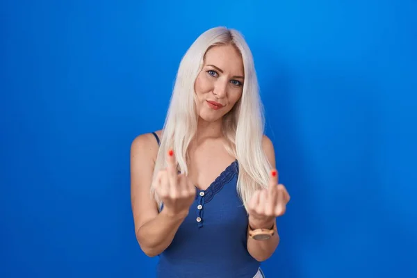 Caucasian Woman Standing Blue Background Showing Middle Finger Doing Fuck — Foto Stock
