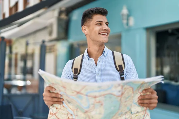 Young Hispanic Man Student Smiling Confident Holding City Map Street — Stok fotoğraf