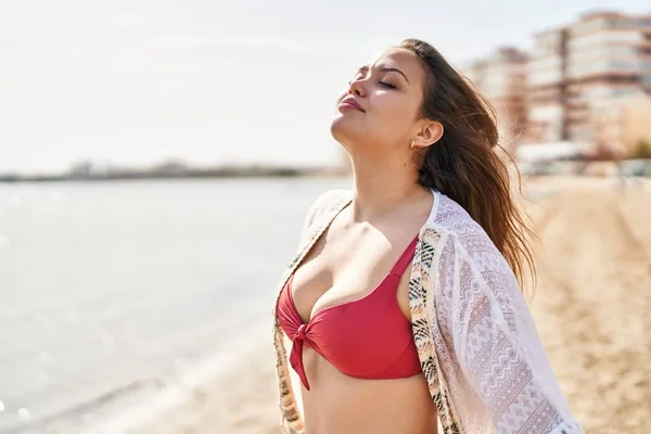 Young Beautiful Hispanic Woman Tourist Wearing Bikini Breathing Beach — Fotografia de Stock