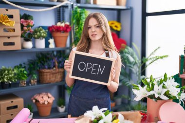 Çiçekçide çalışan beyaz bir kadın elinde açık tabela ve kafası karışık bir ifade tutuyor. şüphe kavramı. 