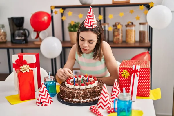Young Beautiful Hispanic Woman Celebrating Birthday Sad Expression Home — Stock Photo, Image
