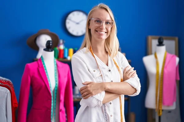 Young Blonde Woman Tailor Smiling Confident Standing Arms Crossed Gesture — Stockfoto