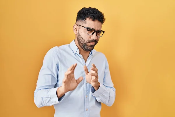 Hispanic Man Beard Standing Yellow Background Disgusted Expression Displeased Fearful — Stock Photo, Image