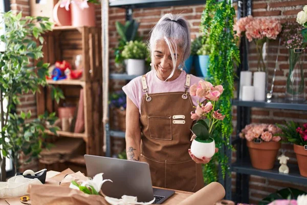 Middle Age Grey Haired Woman Florist Using Laptop Holding Plant —  Fotos de Stock