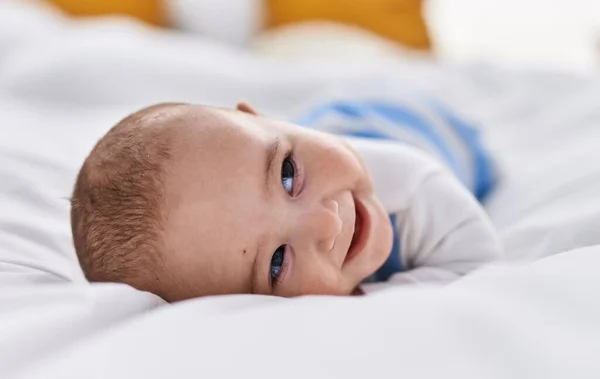 Adorable Baby Smiling Confident Lying Bed Bedroom — Stock Photo, Image