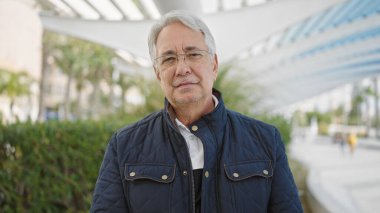 Orta yaşlı, gri saçlı, yüzünde ciddi bir ifadeyle parkta duran bir adam.