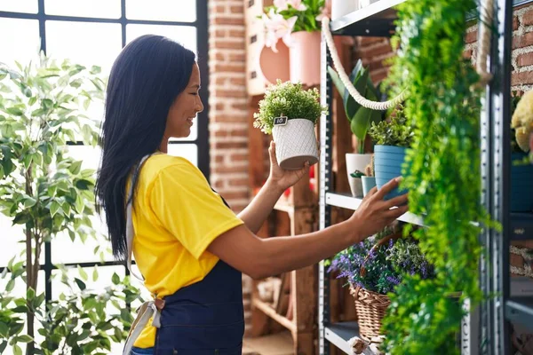 stock image Young beautiful latin woman florist holding plants at florist