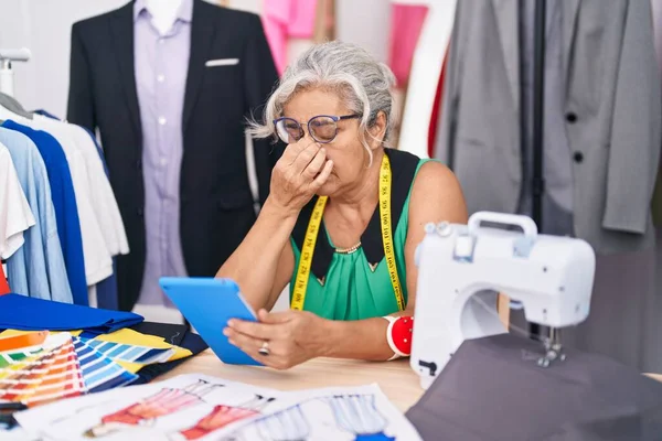 Middle Age Grey Haired Woman Tailor Stressed Using Touchpad Tailor — Stock Photo, Image