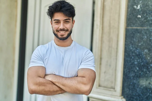 Young Hispanic Man Smiling Confident Standing Arms Crossed Gesture Street — Stockfoto