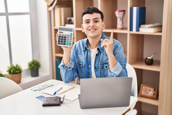Non Binary Person Calculating Money Savings Smiling Happy Pointing Hand — Stock Photo, Image