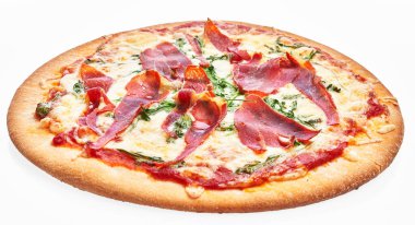  İzole edilmiş beyaz arka planda tek ve lezzetli İtalyan pizzası.