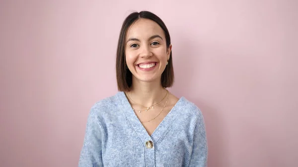 Young Beautiful Hispanic Woman Smiling Confident Standing Isolated Pink Background — Fotografia de Stock