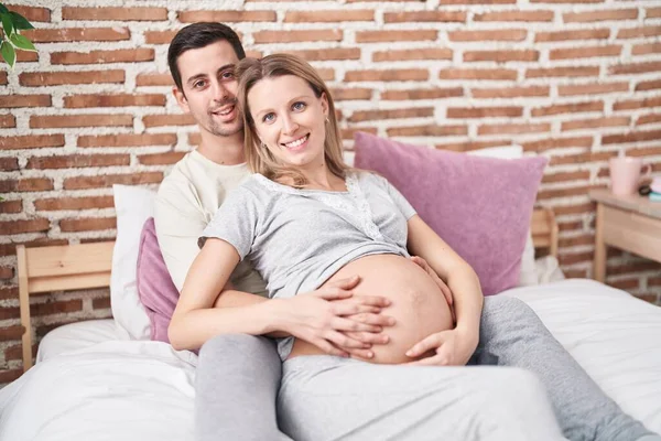 Man Woman Couple Hugging Each Other Touching Belly Bedroom — Stock Photo, Image