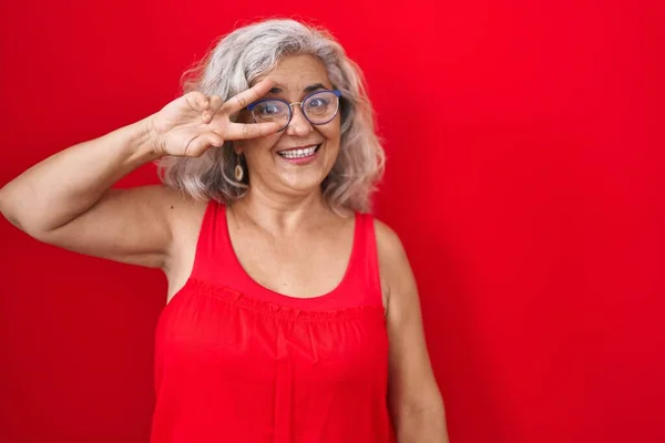 Middle Age Woman Grey Hair Standing Red Background Doing Peace — Stock Photo, Image