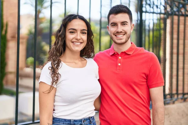 Young Hispanic Couple Smiling Confident Hugging Each Other Street — 图库照片