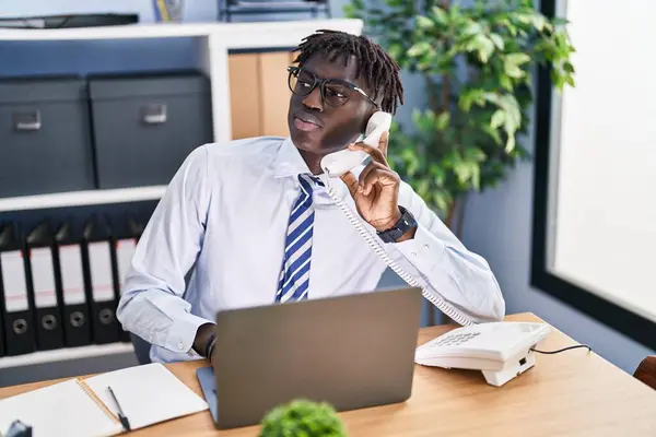 African American Man Business Worker Talking Telephone Using Laptop Office — Stock fotografie