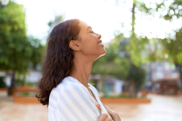 Young African American Woman Breathing Closed Eyes Park — Stock Photo, Image