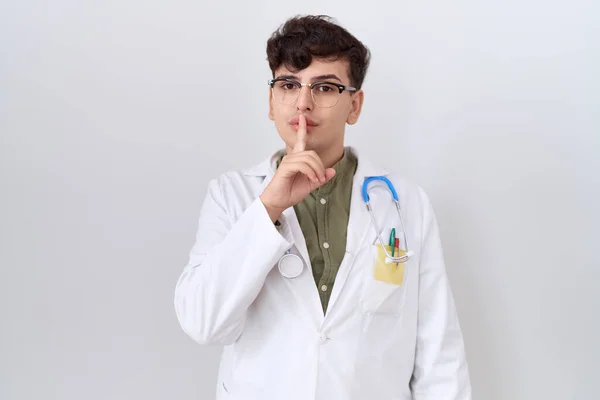 Young non binary man wearing doctor uniform and stethoscope asking to be quiet with finger on lips. silence and secret concept.
