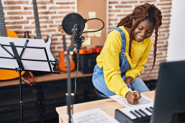 African American Woman Musician Composing Song Music Studio — Stock Photo, Image