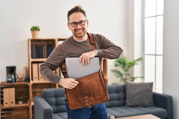 Young Caucasian Man Business Worker Holding Laptop Briefcase Office — стоковое фото