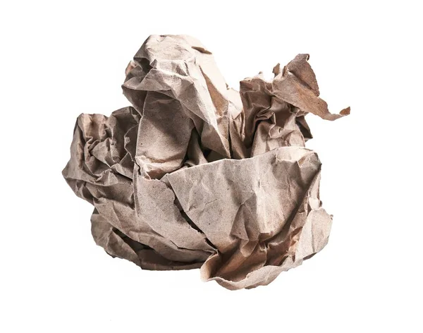 Zole Edilmiş Beyaz Zemin Üzerinde Kahverengi Buruşmuş Bir Kağıt Top — Stok fotoğraf