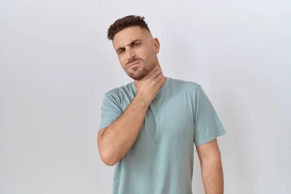 Hispanic Man Beard Standing White Background Touching Painful Neck Sore — Fotografia de Stock