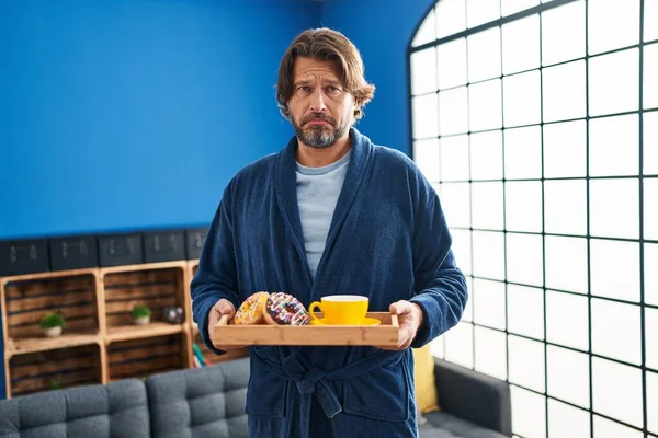Handsome Middle Age Man Holding Tray Breakfast Food Depressed Worry — Stock Photo, Image