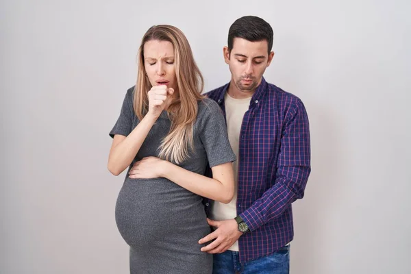 Young Couple Expecting Baby Standing White Background Feeling Unwell Coughing — Stock Photo, Image