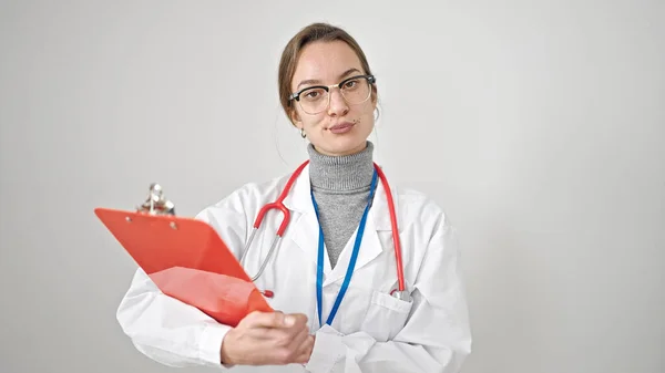 Young Caucasian Woman Doctor Reading Document Clipboard Isolated White Background — Stock Photo, Image