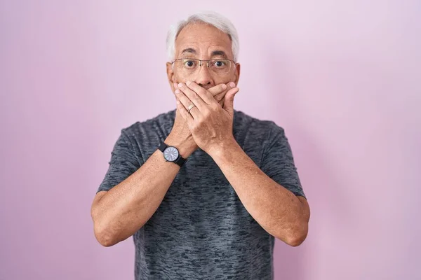 Middle Age Man Grey Hair Standing Pink Background Shocked Covering — Stock Photo, Image