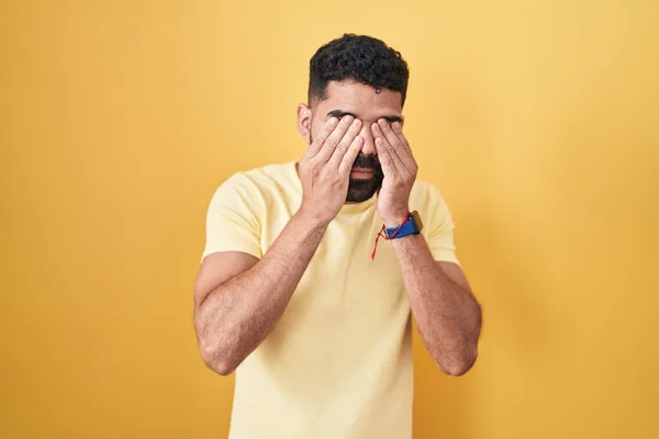 Hispanic Man Beard Standing Yellow Background Rubbing Eyes Fatigue Headache — Stock Photo, Image