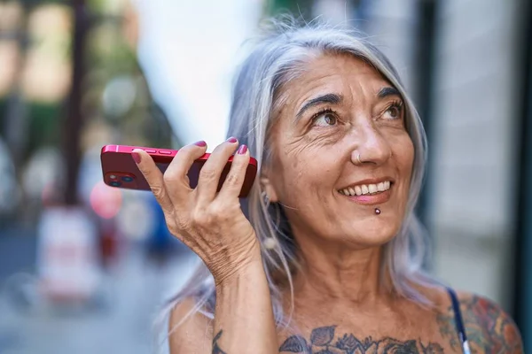 Middle Age Grey Haired Woman Smiling Confident Listening Audio Message — Stock Fotó