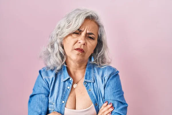 Middle Age Woman Grey Hair Standing Pink Background Looking Sleepy — Stok fotoğraf