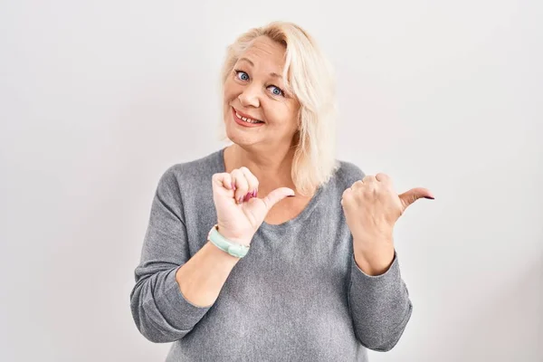 Middle Age Caucasian Woman Standing White Background Pointing Back Hand — Stock Photo, Image