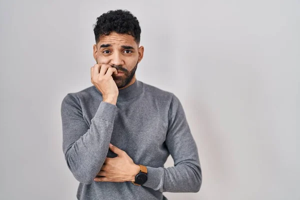 Hispanic Man Beard Standing White Background Looking Stressed Nervous Hands — Stock Photo, Image