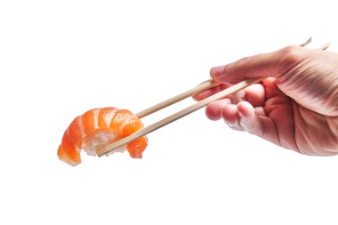  Hand of man holding salmon nigiri with chopsticks over isolated white background