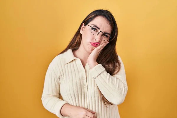 Young Hispanic Woman Standing Yellow Background Thinking Looking Tired Bored — Stock Photo, Image