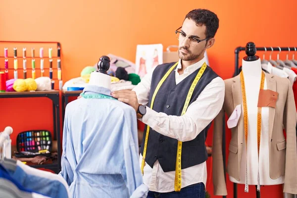 Young Hispanic Man Tailor Measuring Shirt Atelier — Stockfoto