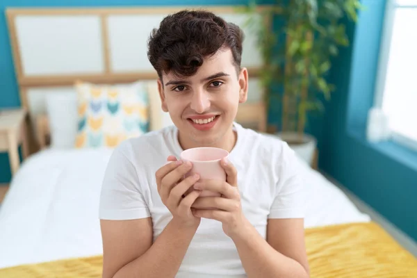 Non Binary Man Drinking Cup Coffee Sitting Bed Bedroom — Stock Fotó