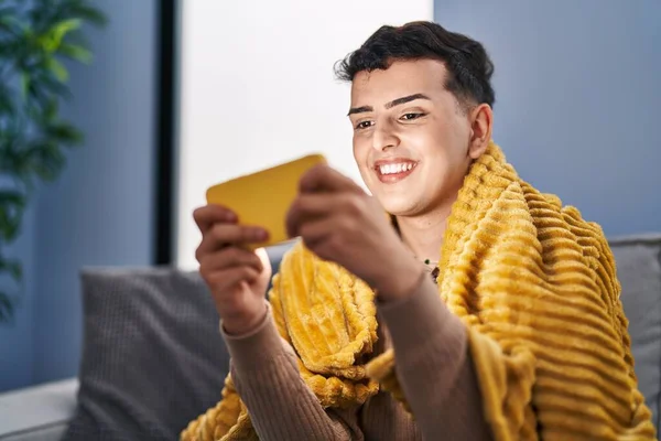Young Non Binary Man Playing Video Game Smartphone Home — Foto Stock