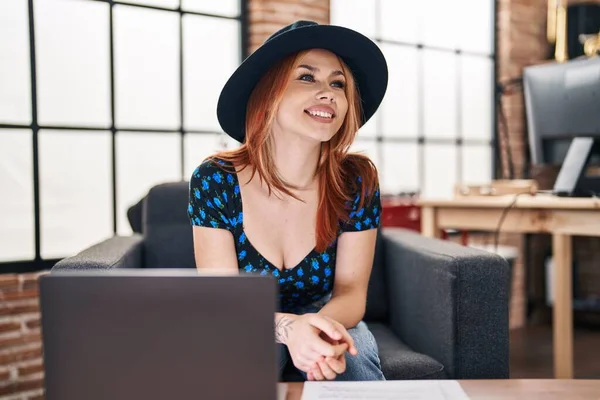 Young Caucasian Woman Musician Smiling Confident Using Laptop Music Studio — Stok fotoğraf