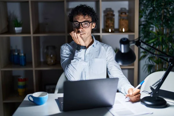 Hispanic Man Working Office Night Looking Stressed Nervous Hands Mouth — Stock Photo, Image