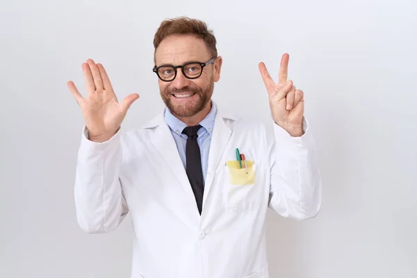 Middle Age Doctor Man Beard Wearing White Coat Showing Pointing — Stock Photo, Image